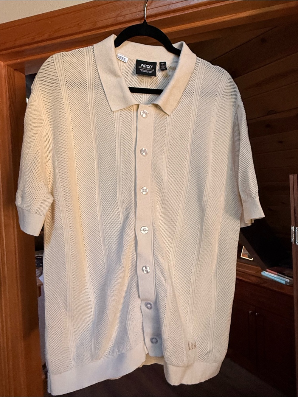 WESC Men’s Cream Short-Sleeve Button-Up Knit Polo
